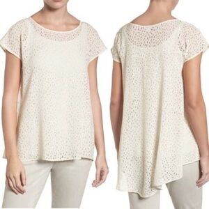 Eileen Fisher Silk Confetti Laser Cut Ballet Neck A-Line Tunic Top Bone Medium